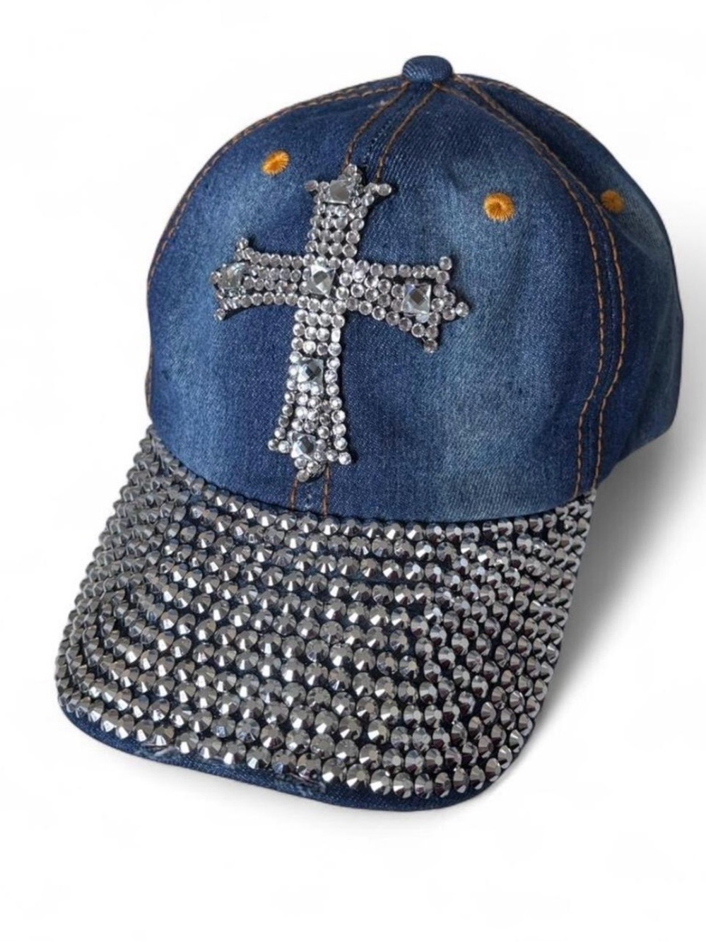 Y2K Mcbling Denim Crystal Cross Baseball Cap 💎